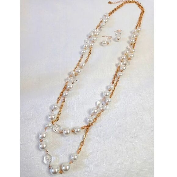 C' Est 1946 Layered White Faux Pearls Necklace and Drop Earrings Set - Picture 6 of 8
